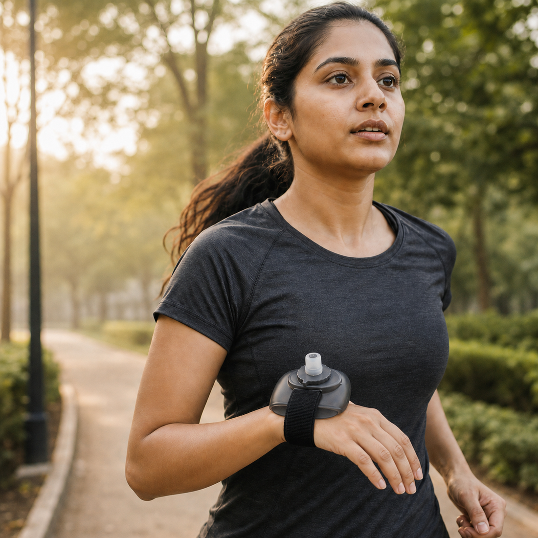 Indian runner wearing the 200ml wrist water bottle with its adjustable hand strap